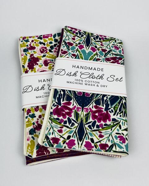 Two dish cloth sets in floral prints with Handmade labels